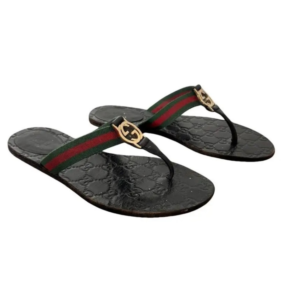 Gucci Black Leather Flip Flops with Green and Red Web Stripe
